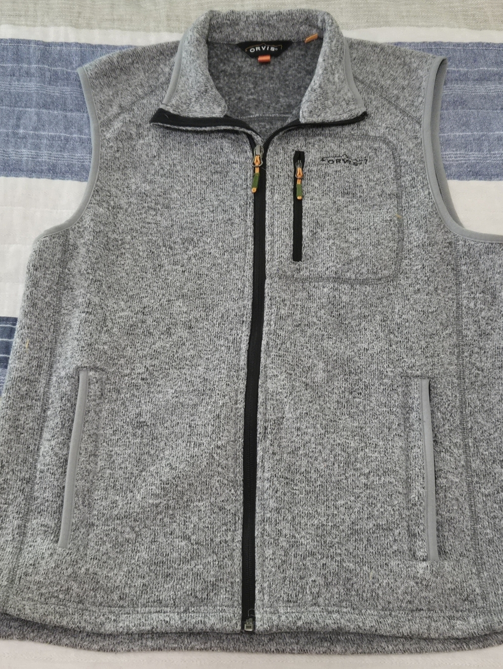Orvis Fleece Knit Vest Gray With Orange Ripcord Size M